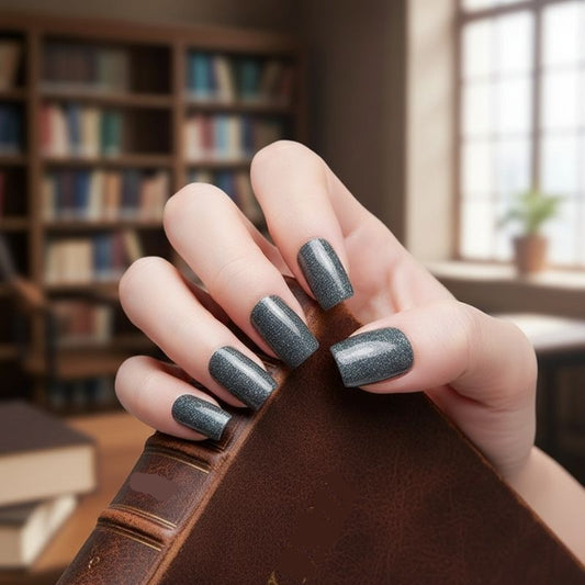 Dark Grey Glitter-Gel Nail Stickers — No UV Lamp Needed - Secret Teddy