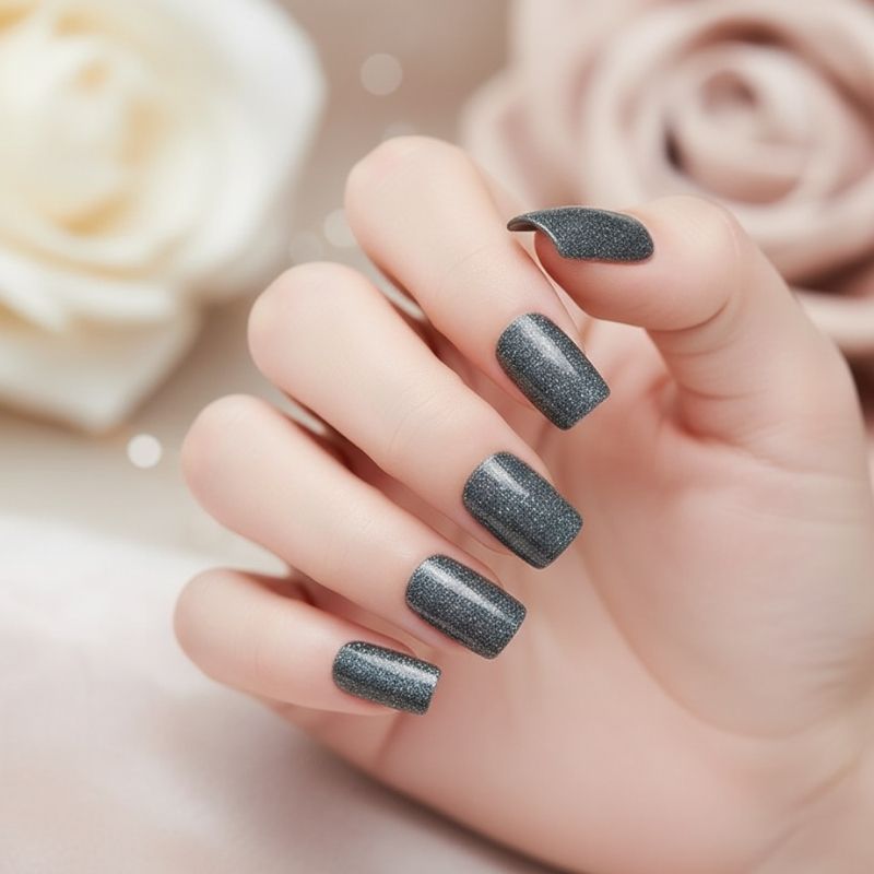 Dark Grey Glitter-Gel Nail Stickers — No UV Lamp Needed - Secret Teddy