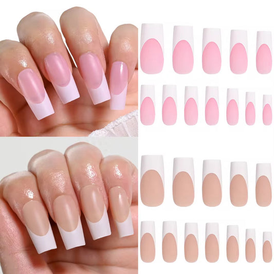 Pink French Long Square Nails - 120 Nails Set