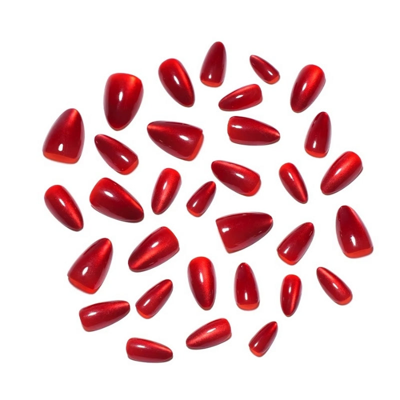 Ongles courts œil de chat en cristal de vin cerise | Ongles réutilisables
