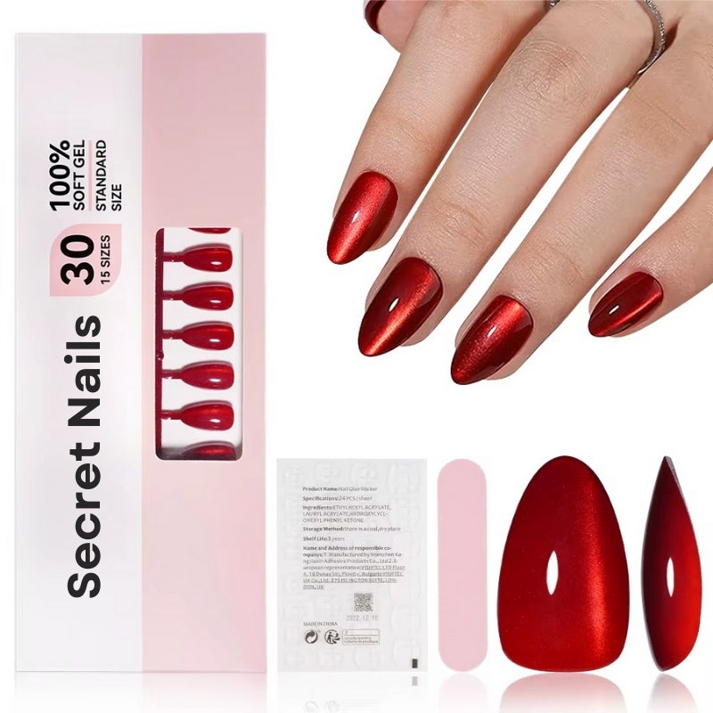 Ongles courts œil de chat en cristal de vin cerise | Ongles réutilisables
