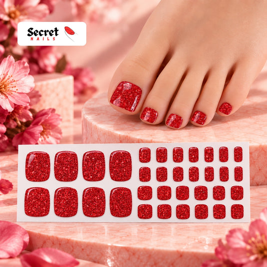 Ruby Sparkle Toe Nails Gel Strips - No UV Lamp Needed - Secret Teddy