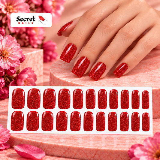 Red Glitter-Gel Nail Stickers — No UV Lamp Needed
