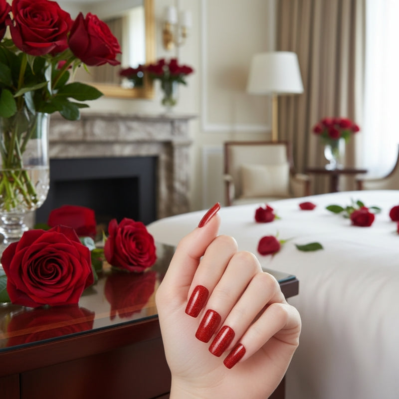 Red Glitter-Gel Nail Stickers — No UV Lamp Needed - Secret Teddy