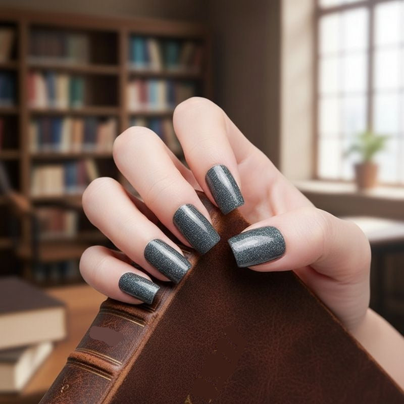 Dark Grey Glitter-Gel Nail Stickers — No UV Lamp Needed - Secret Teddy