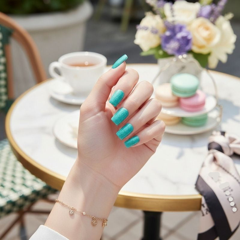 Turquoise Glitter-Gel Nail Stickers — No UV Lamp Needed - Secret Teddy