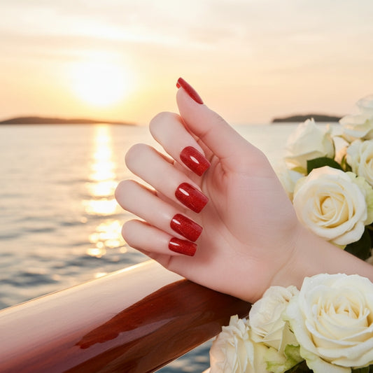 Red Glitter-Gel Nail Stickers — No UV Lamp Needed - Secret Teddy