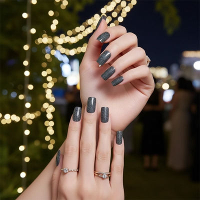Dark Grey Glitter-Gel Nail Stickers — No UV Lamp Needed - Secret Teddy