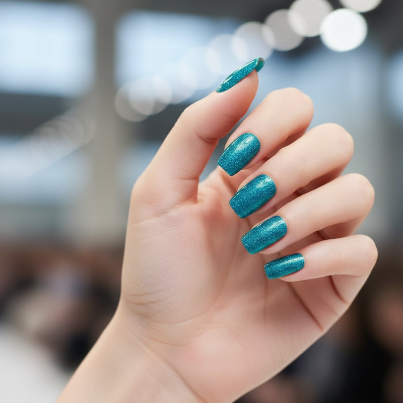 Teal Glitter-Gel Nail Stickers — No UV Lamp Needed - Secret Teddy