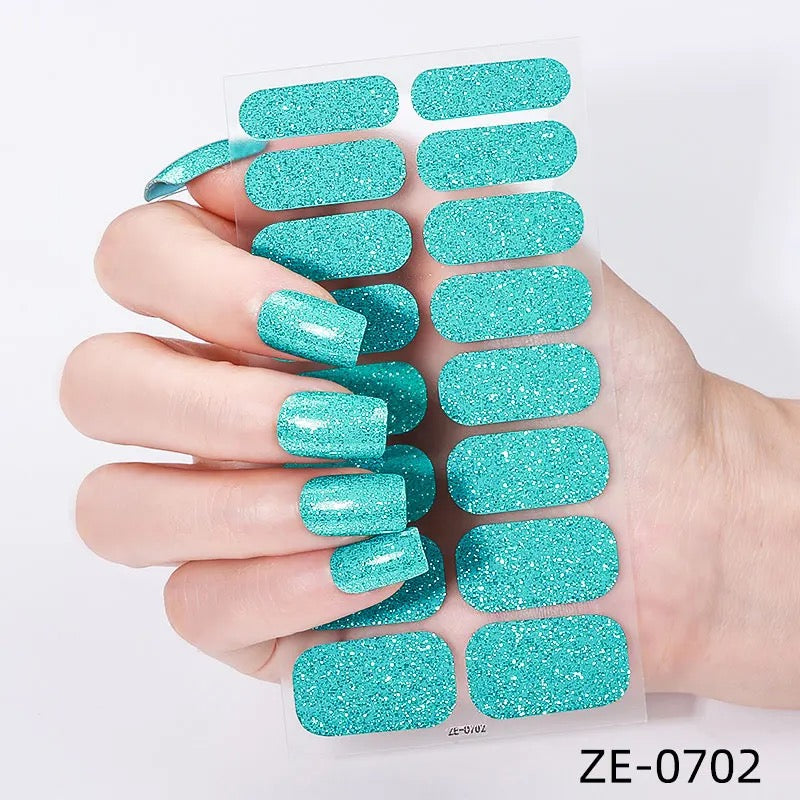 Turquoise Glitter-Gel Nail Stickers — No UV Lamp Needed