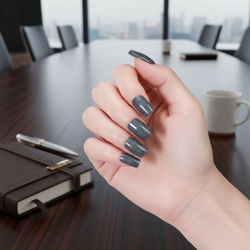 Dark Grey Glitter-Gel Nail Stickers — No UV Lamp Needed - Secret Teddy