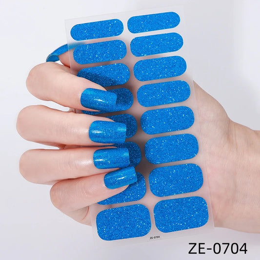 Blue Glitter-Gel Nail Stickers — No UV Lamp Needed
