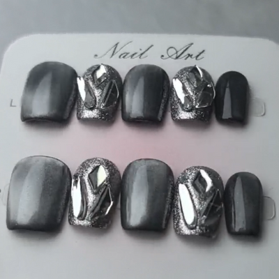 Handmade Reusable Cat Eye Nails - Grayish Black