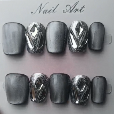 Handmade Reusable Cat Eye Nails - Grayish Black