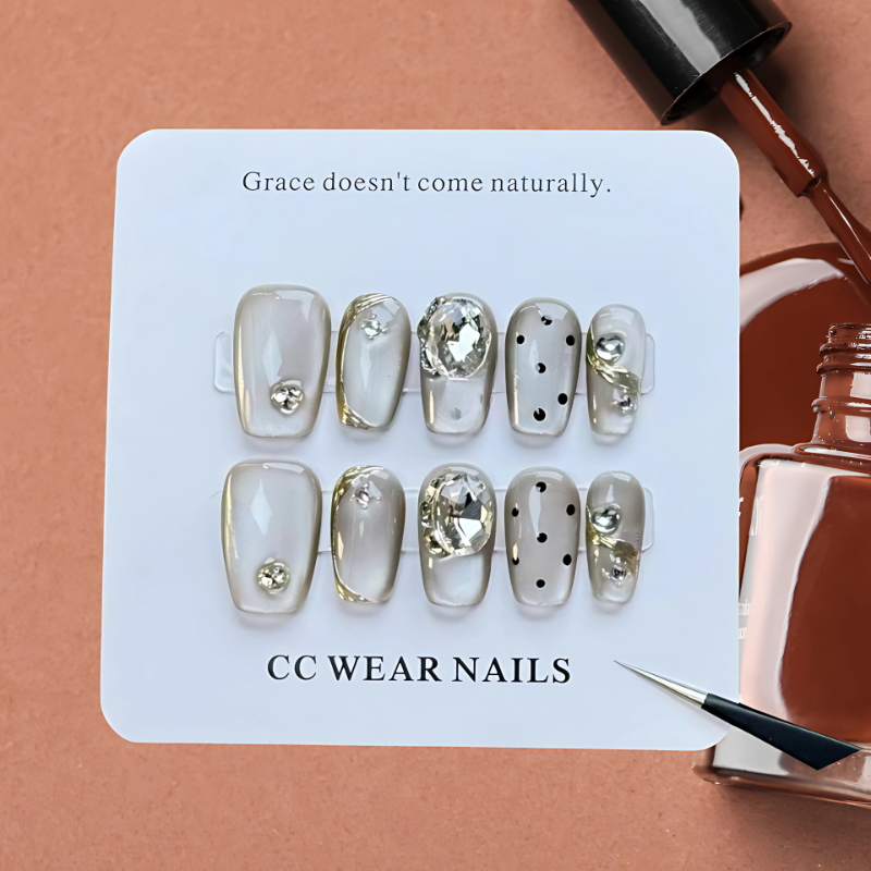 Handmade Reusable Cat Eye Nails - Soft Brown Cream