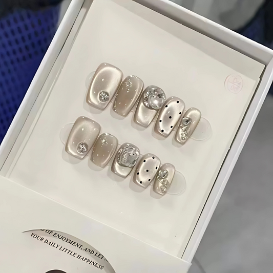 Handmade Reusable Cat Eye Nails - Soft Brown Cream - Secret Teddy