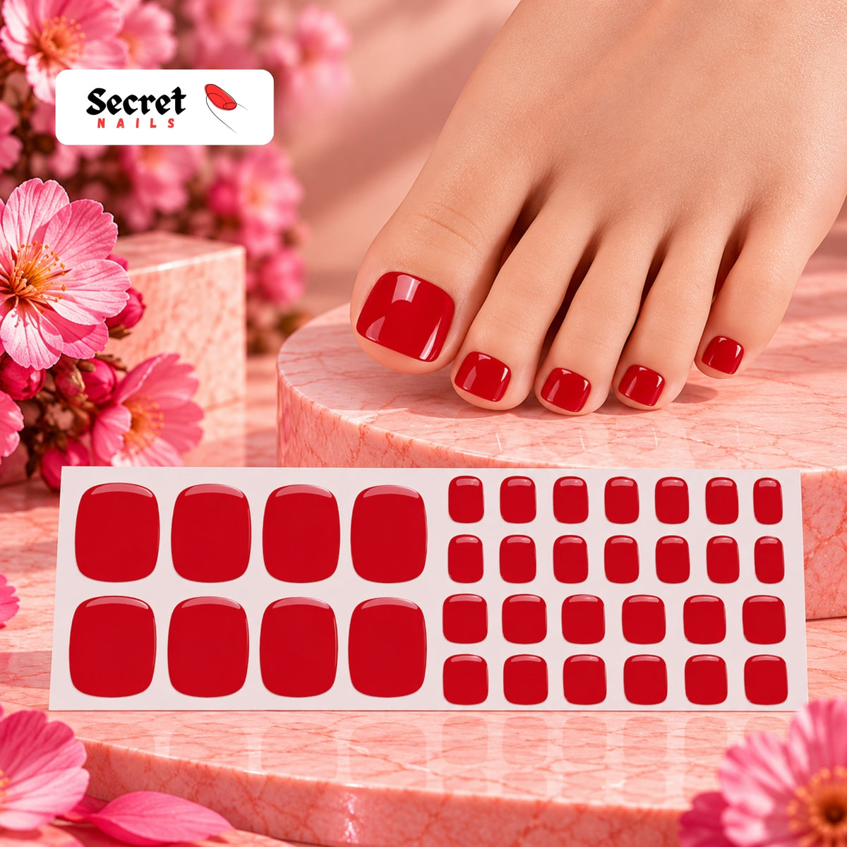Classic Red Toe Nails Gel Strips - No UV Lamp Needed