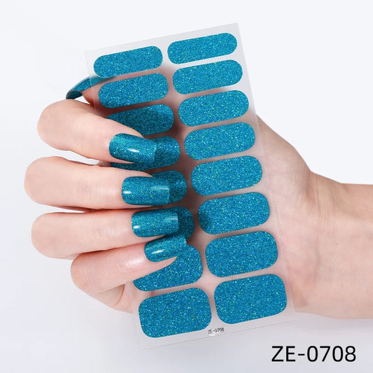 Teal Glitter-Gel Nail Stickers — No UV Lamp Needed