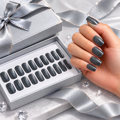 Dark Grey Glitter-Gel Nail Stickers — No UV Lamp Needed - Secret Teddy