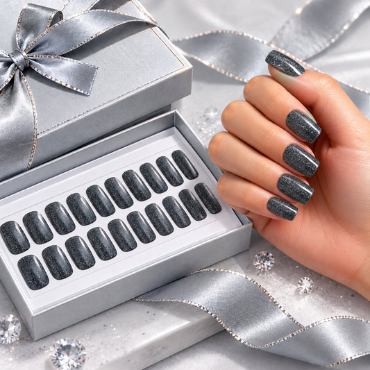 Dark Grey Glitter-Gel Nail Stickers — No UV Lamp Needed - Secret Teddy