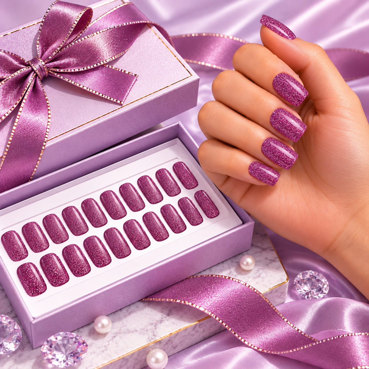 Dark Purple Glitter-Gel Nail Stickers — No UV Lamp Needed - Secret Teddy