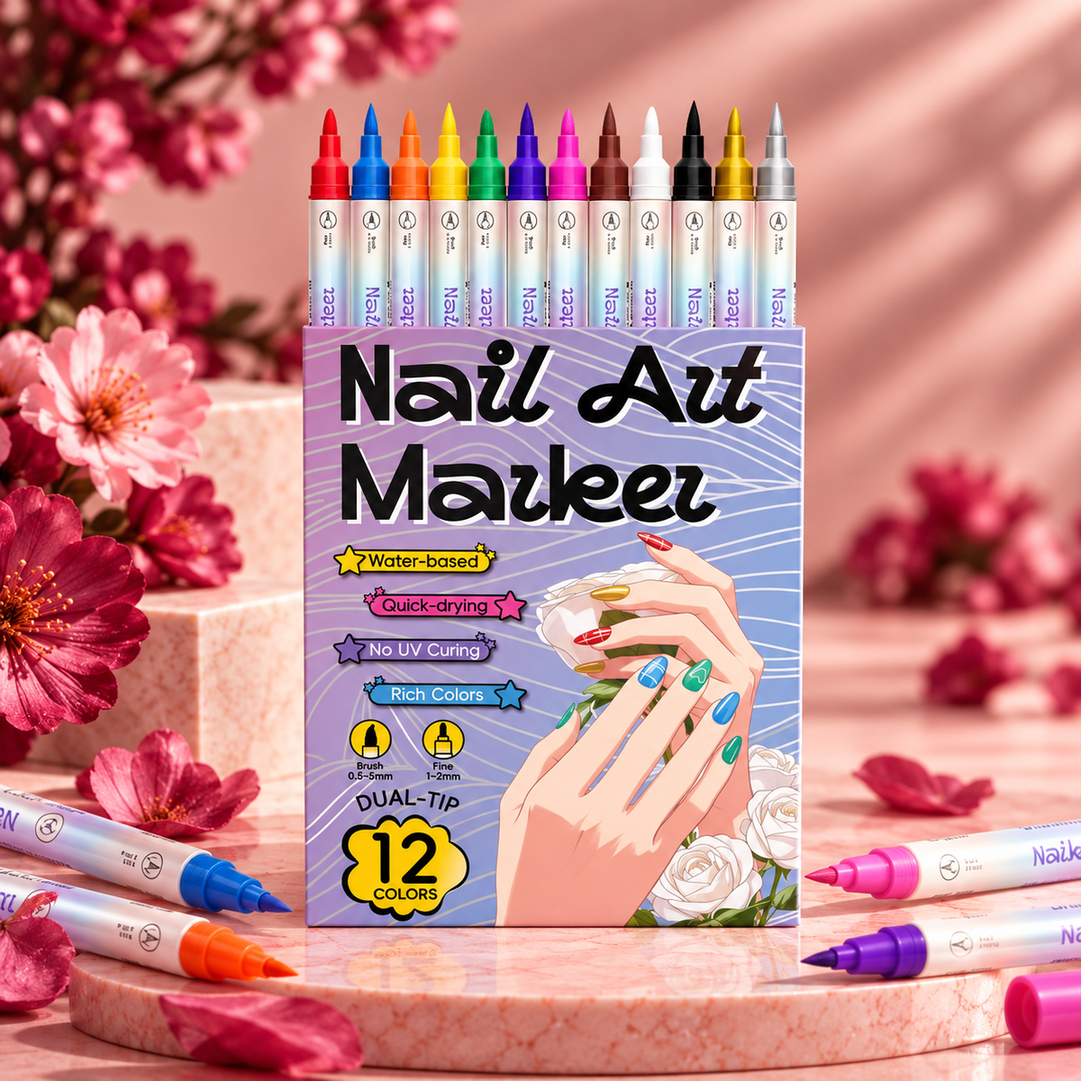 Nails Art Pen (Dual Tip - 12 Pens) - Secret Teddy
