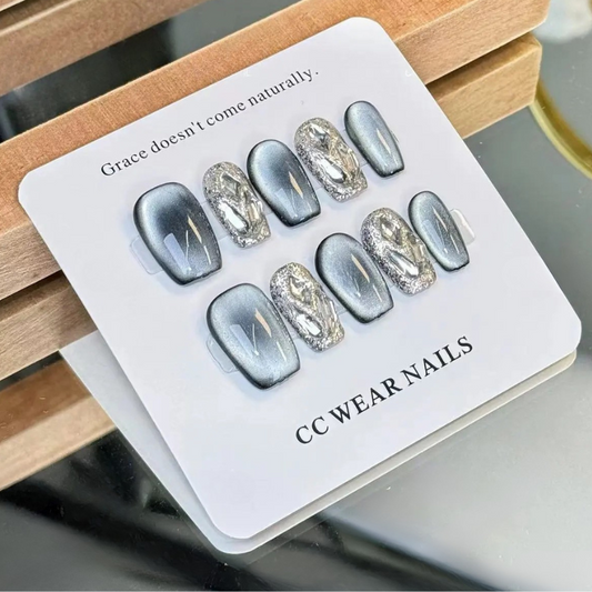 Handmade Reusable Cat Eye Nails - Grayish Blue - Secret Teddy