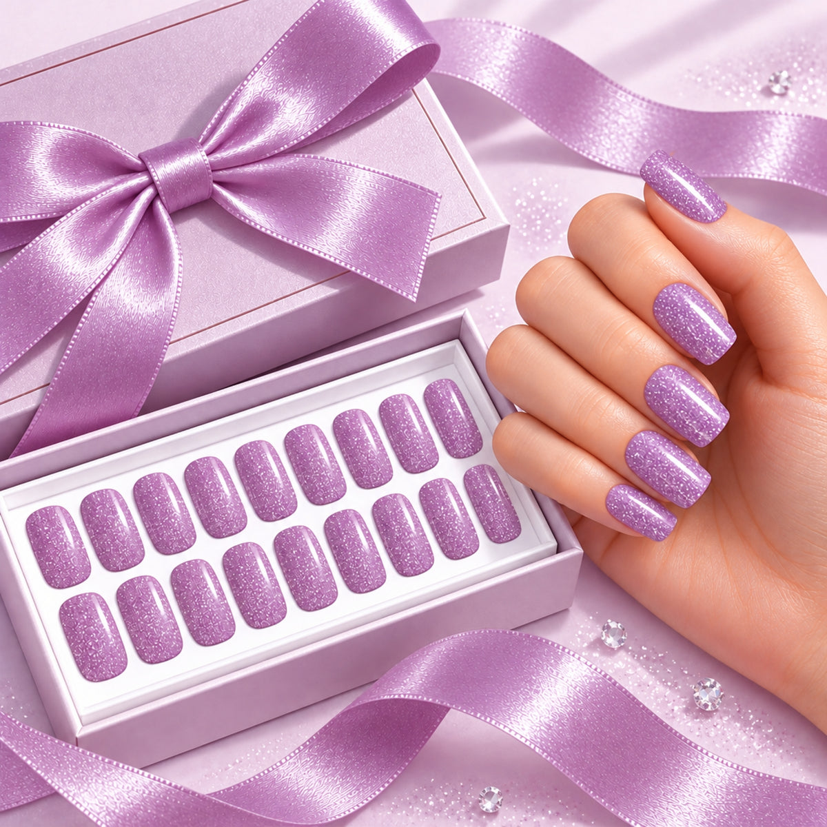 Purple Glitter-Gel Nail Stickers — No UV Lamp Needed - Secret Teddy