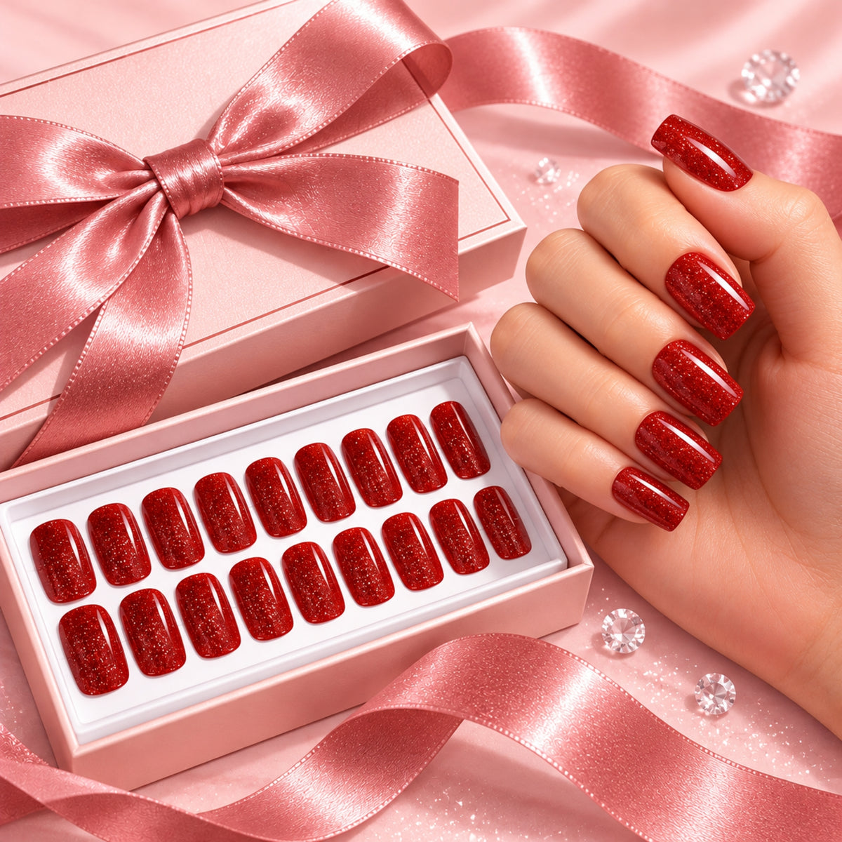 Red Glitter-Gel Nail Stickers — No UV Lamp Needed - Secret Teddy