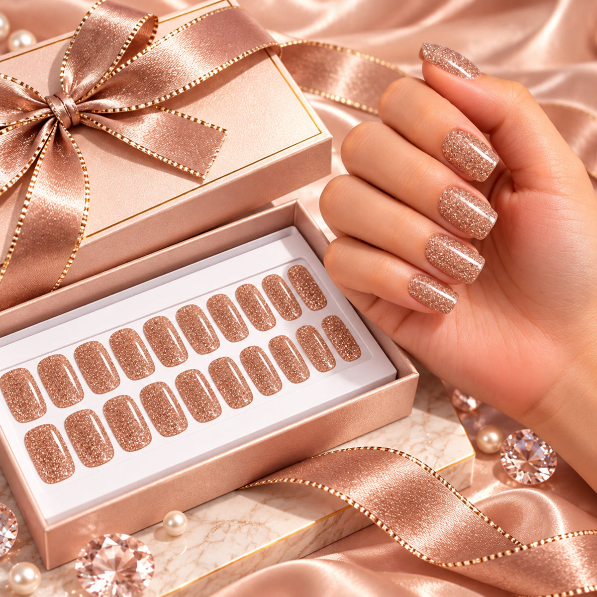 Rose Gold Glitter-Gel Nail Stickers — No UV Lamp Needed - Secret Teddy