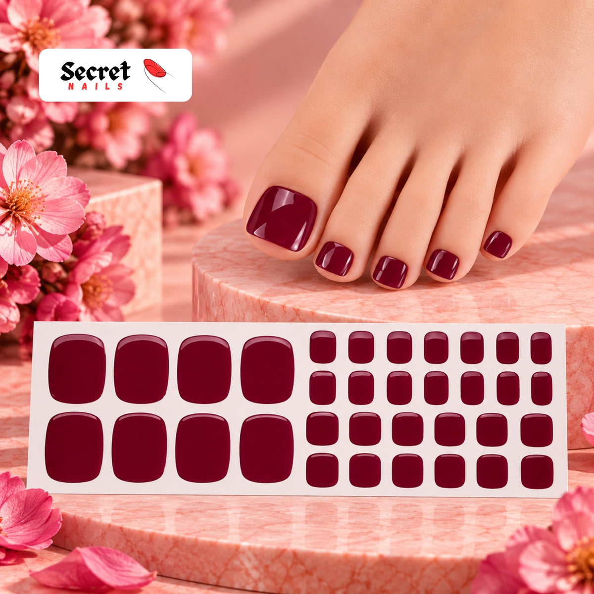 Royal Burgundy Toe Nails Gel Strips - No UV Lamp Needed