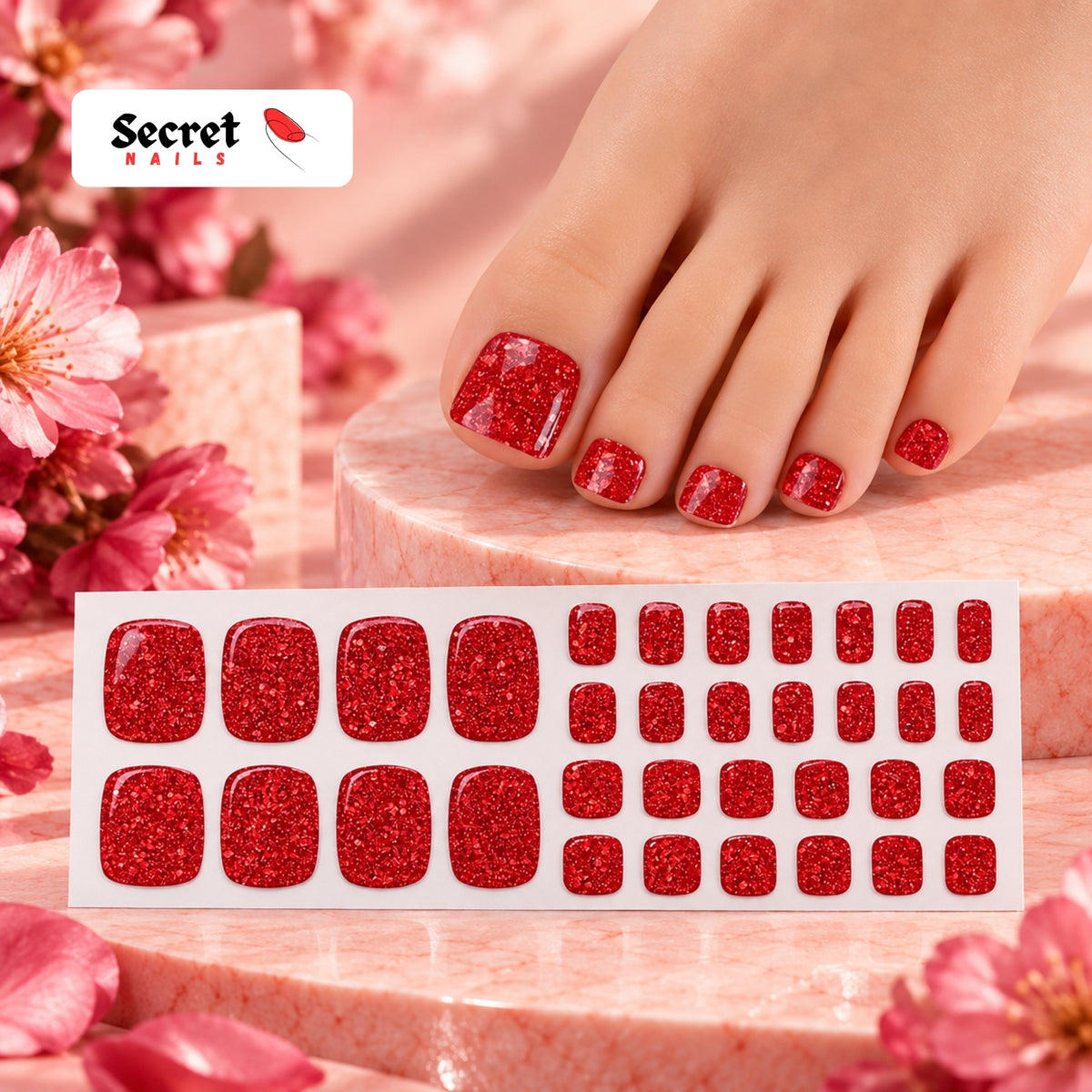 Ruby Sparkle Toe Nails Gel Strips - No UV Lamp Needed